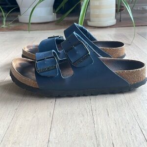 Birkenstock Arizona Navy Blue Leather Birkenstocks Slide Sandals Slides